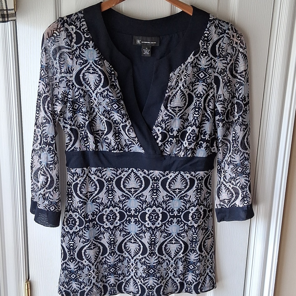 INC International Concepts Navy Damask Print V-Neck Tunic Sheer Sleeves